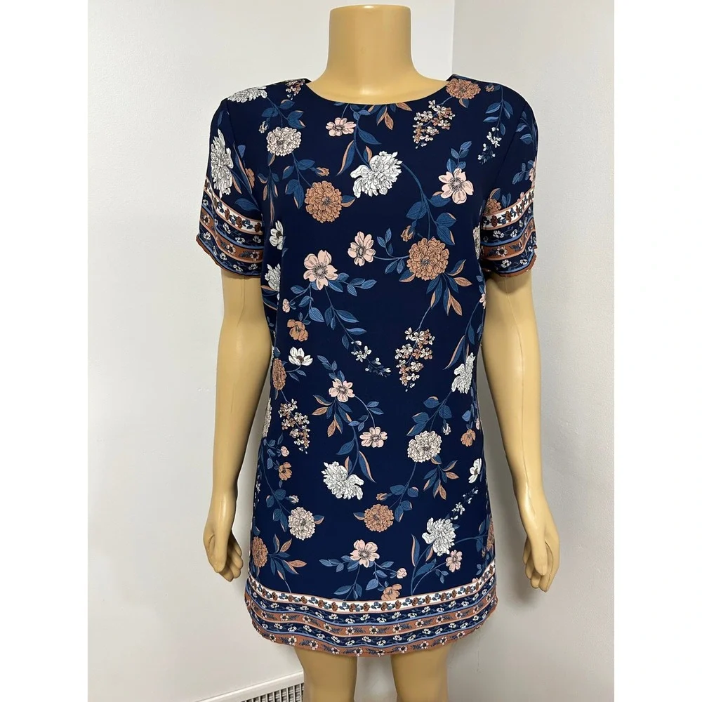 Lulus Navy Blue Floral Shift Mini Dress Short Sleeve Crew Neck M Made in USA